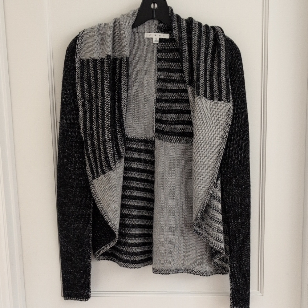 CAbi #483 Patchwork Circle Cardigan Sweater Medium M Wool Blend Open Front Black